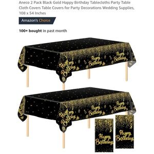 Aneco Happy Birthday Tablecloths 2 Pack Black‎ Gold Party Table Covers 108x54